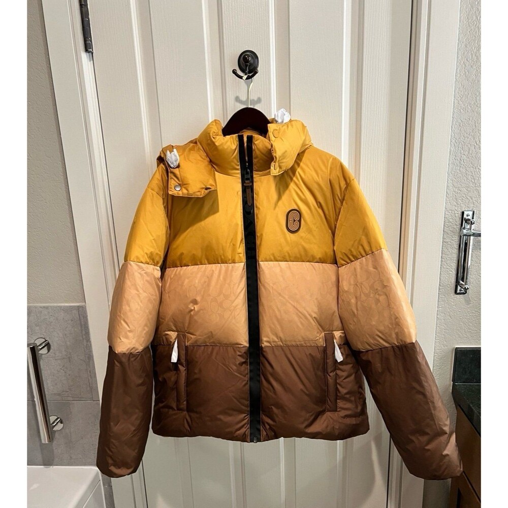 Coach Mens Multi Colorblock Down Brown/Yellow Jacket